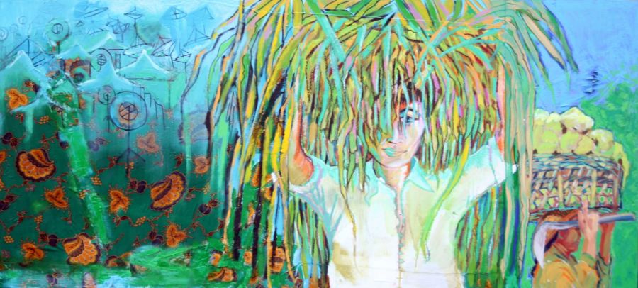 The Grass Woman. Sloaps on Merapi Vulcano, Java, Indonesia. 70cm x 155 cm. Acryllic, akvarel chalk, Java batik/material on canvas and wood. www.dortegjerlov.com
