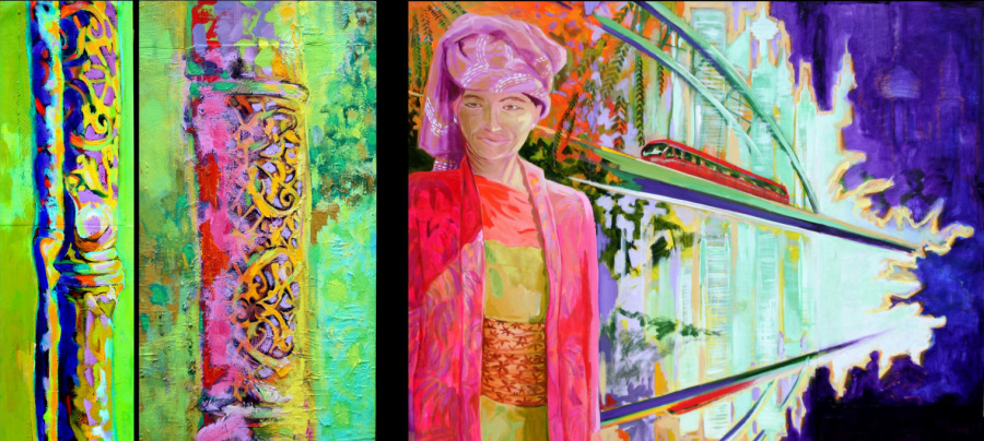  1. Borneo Bambo. 110cm x 29cm. Oil and acryllic on canvas. 2.Pink Bamboo.110cm x 58cm. Oil and acryllic on canvas and wood. 3.Java Woman in the Skyline. 110cm x 142cm. Acryllic on canvas, wood and paper.www.dortegjerlov.com