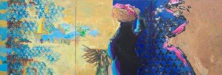 Women from the Blue City. Aswan, Egypt. 100cm x 300cm. Acryllic,oil and meatl on canvas.www.dortegjerlov.com